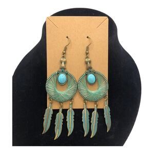 Retro Green Patina Brass Round Hand Wound Feather Wing Leaf Turquoise Earrings